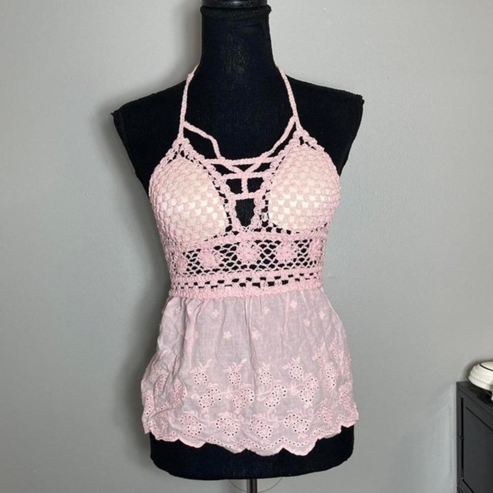 Pink crochet halter top with floral embroidery